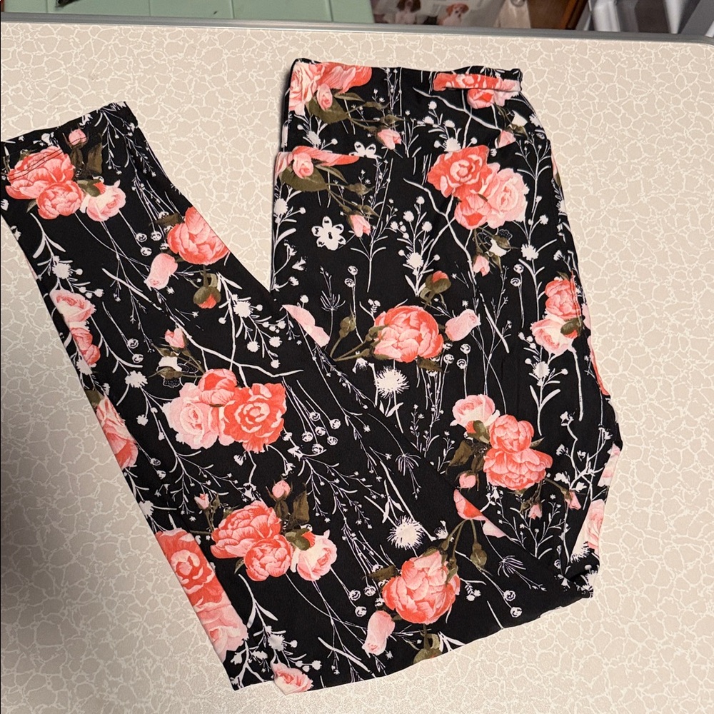 LuLaRoe Black Leggings with Pink Floral Design